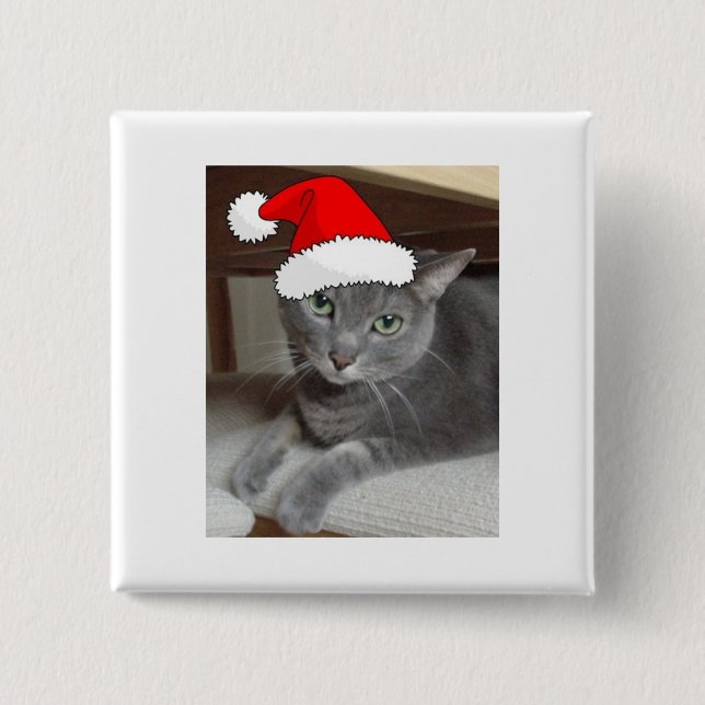 Christmas Russian Blue Gray Cat Button (Front)