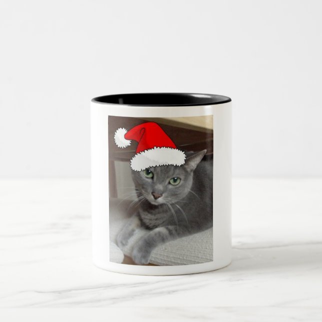 Christmas Russian Blue Gray Cat Two-Tone Coffee Mug (Center)