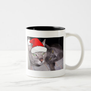 Christmas Russian Blue  Gray Cats Two-Tone Coffee Mug