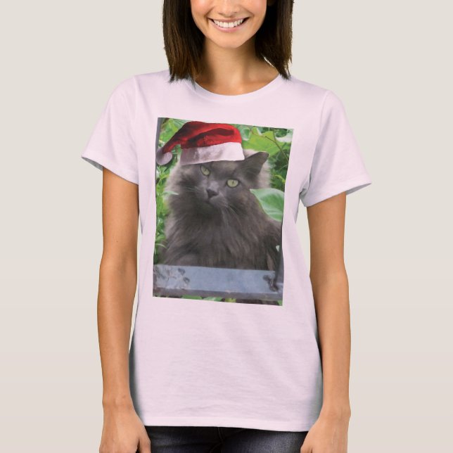 Christmas Russian Blue Gray Long-haired Cat T-Shirt (Front)