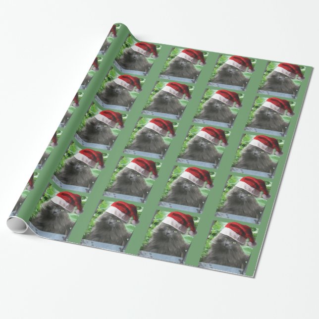 Christmas Russian Blue Long-haired Cat Wrapping Paper (Unrolled)