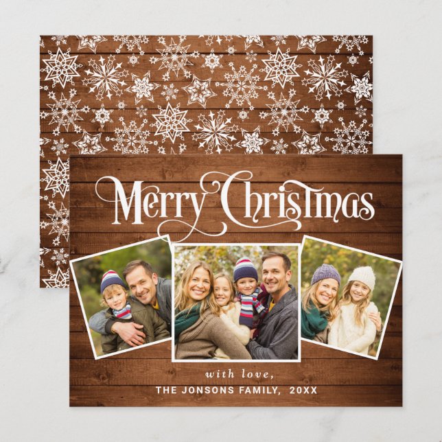 Christmas Rustic 3 PHOTO Greeting Holiday Card (Front/Back)