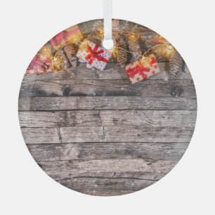 Christmas rustic background, wooden planks. glass ornament