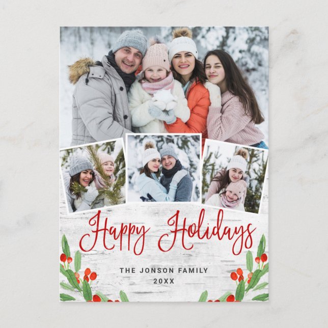 Christmas Rustic Birch 4 PHOTO Greeting Holiday Postcard (Front)