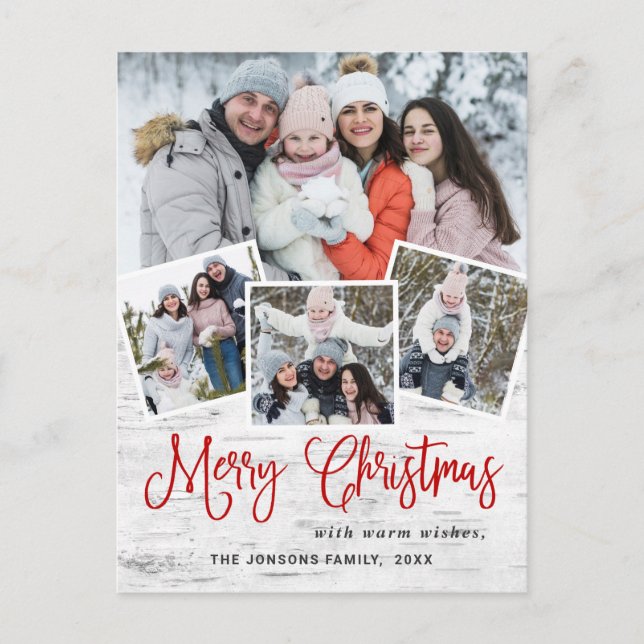 Christmas Rustic Birch 4 PHOTO Greeting Holiday Postcard (Front)