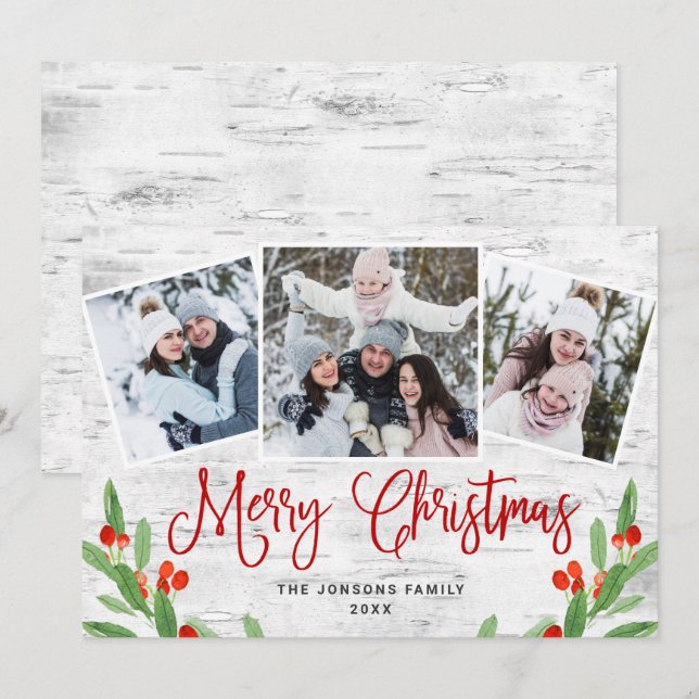 Christmas Rustic Birch Bark 3 PHOTO Greeting Holid Holiday Card (Front/Back)