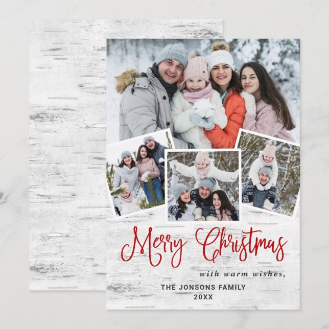 Christmas Rustic Birch Bark 4 PHOTO Greeting Holiday Card (Front/Back)