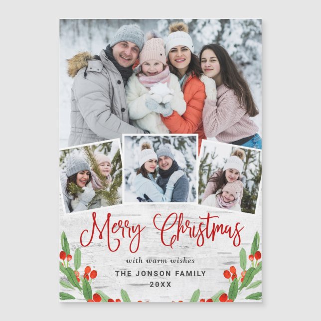 Christmas Rustic Birch Bark 4 PHOTO Magnetic Card (Front)