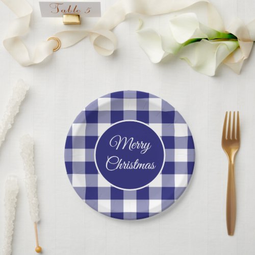 Christmas Rustic Blue And White Checks Pattern Paper Plates