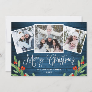 Christmas Rustic Blue Wood 3 PHOTO Greeting Holida Holiday Card