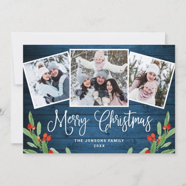 Christmas Rustic Blue Wood 3 PHOTO Greeting Holida Holiday Card (Front)