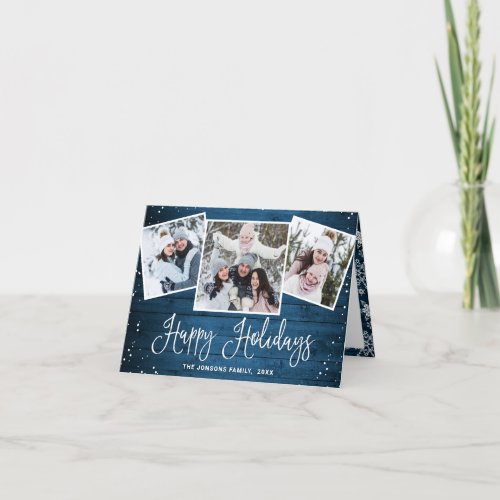 Christmas Rustic Blue Wood 3 PHOTO Greeting Holiday Card