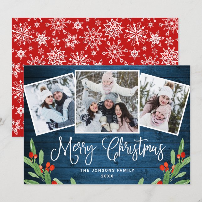 Christmas Rustic Blue Wood 3 PHOTO Greeting Holiday Card (Front/Back)