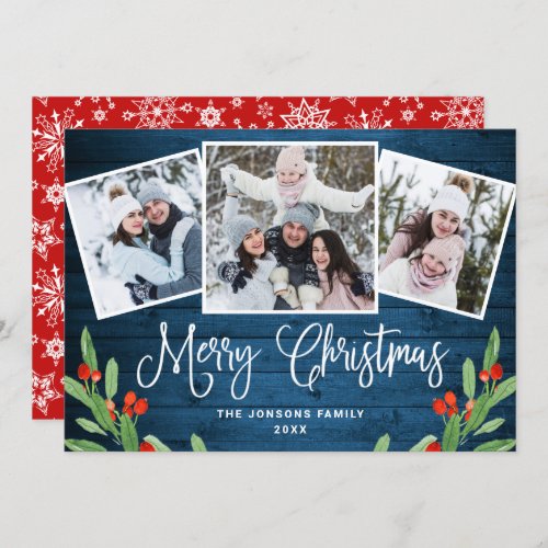 Christmas Rustic Blue Wood 3 PHOTO Greeting Holiday Card