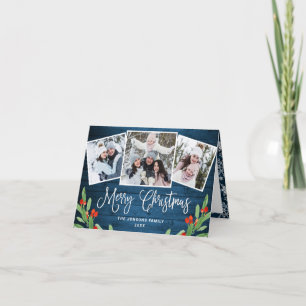 Christmas Rustic Blue Wood 3 PHOTO Greeting Holiday Card