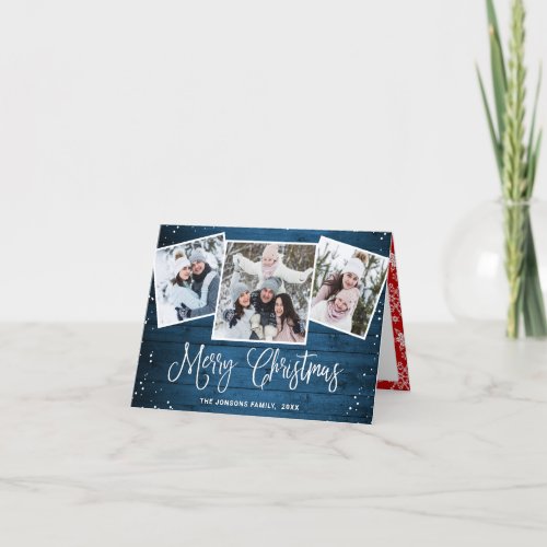 Christmas Rustic Blue Wood 3 PHOTO Greeting Holiday Card