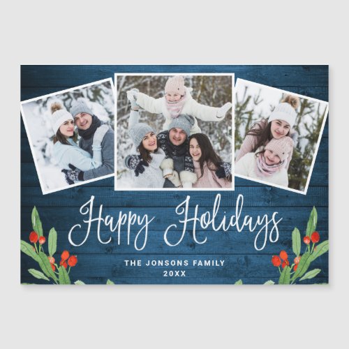 Christmas Rustic Blue Wood 3 PHOTO Magnetic Card