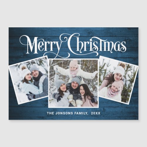 Christmas Rustic Blue Wood 3 PHOTO Magnetic Card