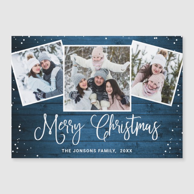 Christmas Rustic Blue Wood 3 PHOTO Magnetic Card (Front)