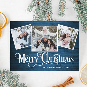 Christmas Rustic Blue Wood 3 PHOTO Magnetic Card