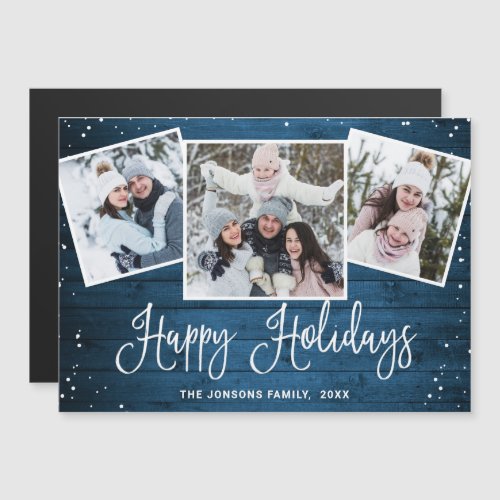 Christmas Rustic Blue Wood 3 PHOTO Magnetic Card