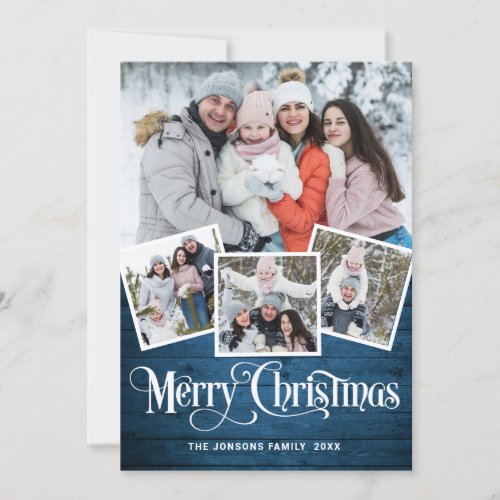 Christmas Rustic Blue Wood 4 PHOTO Greeting Holiday Card