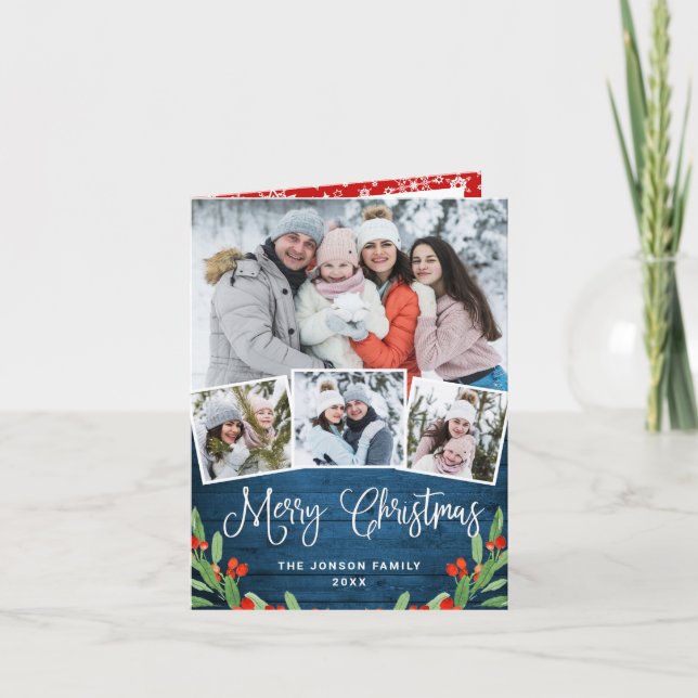 Christmas Rustic Blue Wood 4 PHOTO Greeting Holiday Card (Front)