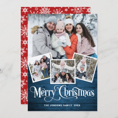 Christmas Rustic Blue Wood 4 PHOTO Greeting Holiday Card