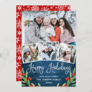 Christmas Rustic Blue Wood 4 PHOTO Greeting Holiday Card