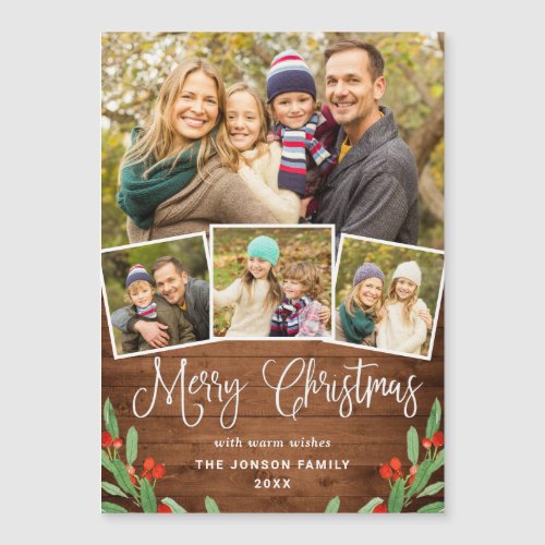 Christmas Rustic Blue Wood 4 PHOTO Magnetic Card