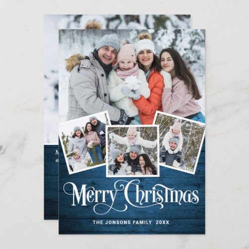 Christmas Rustic Blue Wood 5 PHOTO Greeting Holiday Card