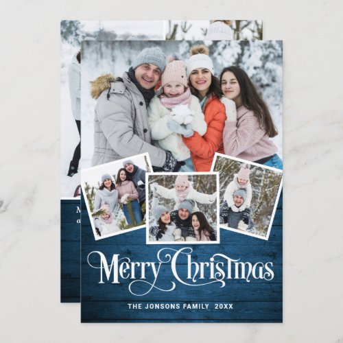 Christmas Rustic Blue Wood 7 PHOTO Greeting Holiday Card