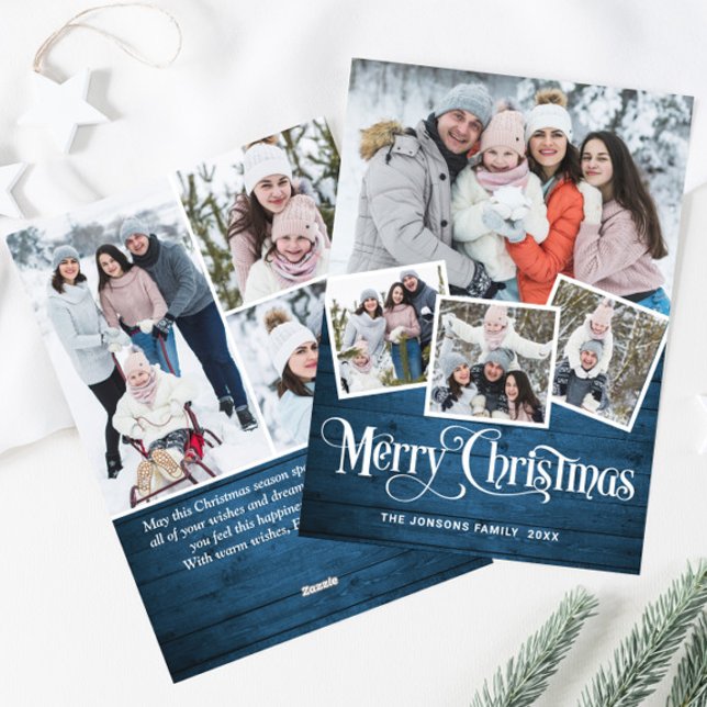 Christmas Rustic Blue Wood 7 PHOTO Greeting Holiday Card (Creator Uploaded)
