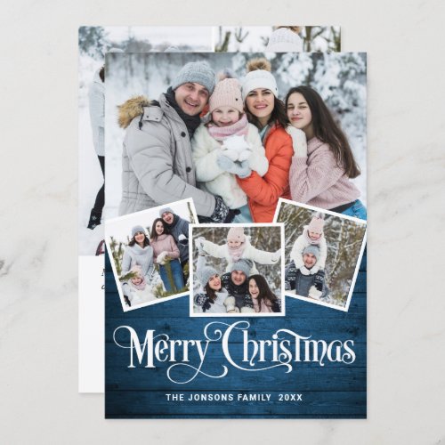 Christmas Rustic Blue Wood 7 PHOTO Greeting Holiday Card