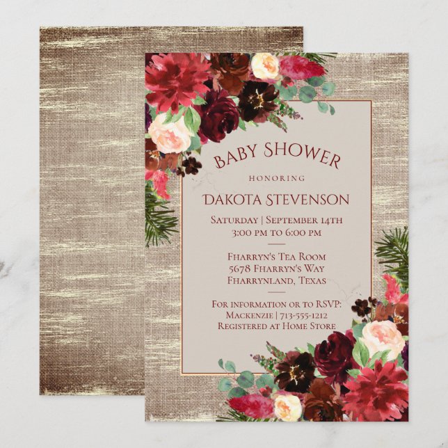 Christmas Rustic Boho Burgundy Gold Baby Shower Invitation (Front/Back)