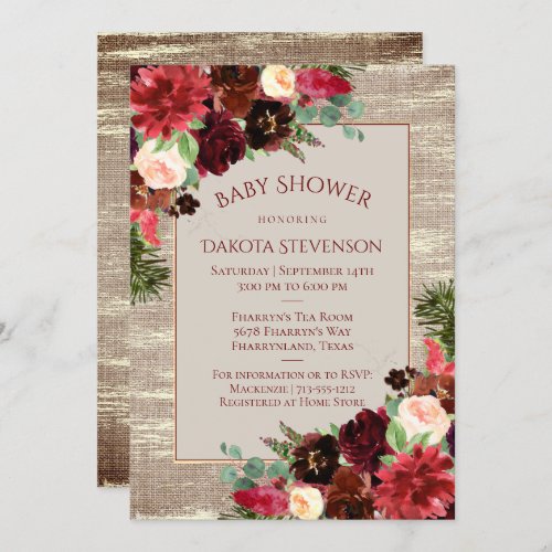 Christmas Rustic Boho Burgundy Gold Baby Shower Invitation