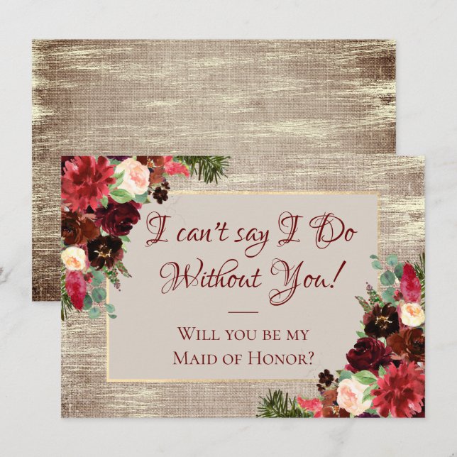 Christmas Rustic Boho Burgundy Gold Bridal Party Invitation (Front/Back)