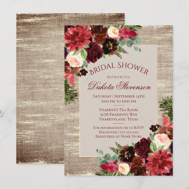 Christmas Rustic Boho Burgundy Gold Bridal Shower Invitation (Front/Back)