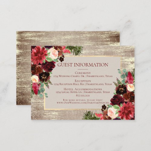 Christmas Rustic Boho Burgundy Guest Information Enclosure Card