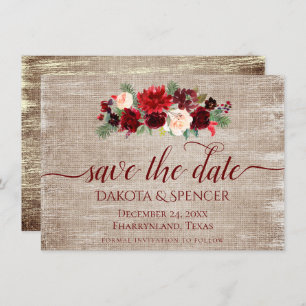 Christmas Rustic Boho Floral Burgundy Gold Burlap Save The Date