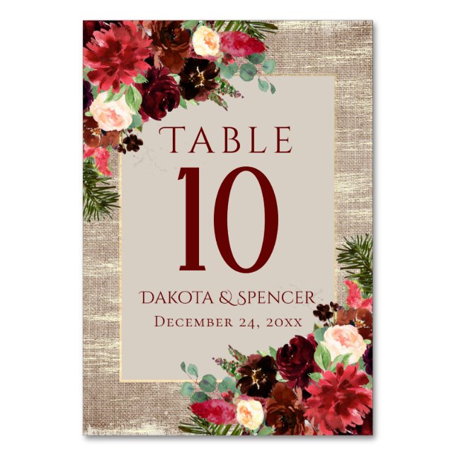 Christmas Rustic Boho Floral Burgundy Gold Burlap Table Number (Front)