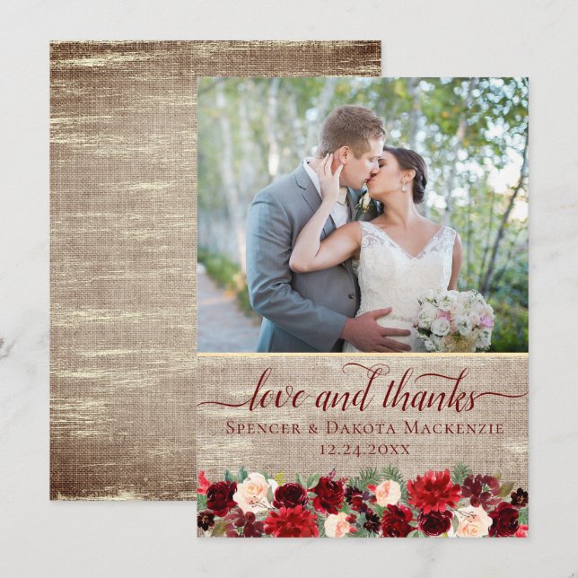 Christmas Rustic Boho Floral Burgundy Gold Photo Thank You Card (Front/Back)
