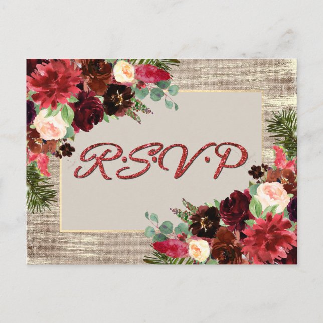 Christmas Rustic Boho Floral Burgundy Gold RSVP Postcard (Front)