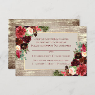 Christmas Rustic Boho Floral Marsala Burlap Entree RSVP Card