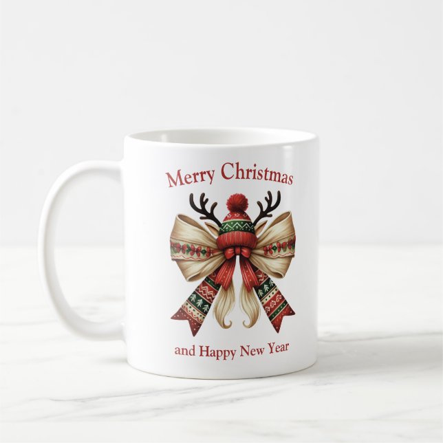 Christmas rustic bow with elves hat reindeer coffee mug (Left)