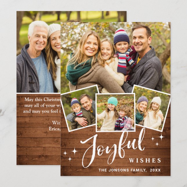 Christmas Rustic Brown Boho Wood 5 PHOTO Greeting Holiday Card (Front/Back)