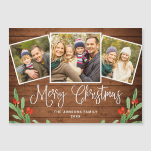 Christmas Rustic Brown Wood 3 PHOTO Magnetic Card