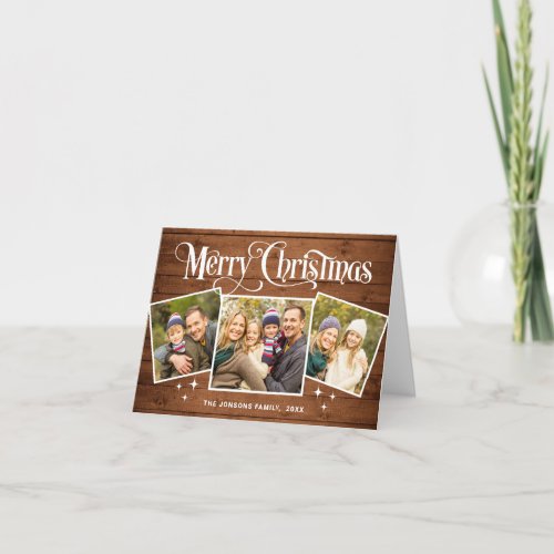 Christmas Rustic Brown Wood 4 PHOTO Greeting Boho Holiday Card