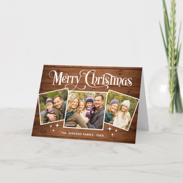 Christmas Rustic Brown Wood 4 PHOTO Greeting Boho Holiday Card (Front)