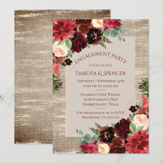 Christmas Rustic Burgundy Gold Engagement Party Invitation (Front/Back)
